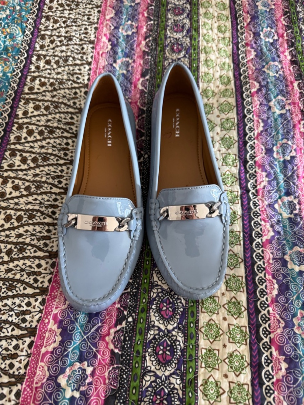COACH Women's Light Blue Patent Leather Bit Loafers